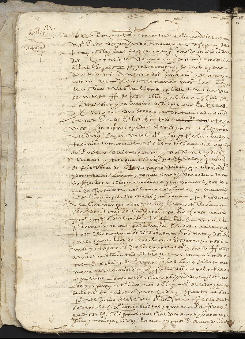 Obligación de Pedro Vergara, yerno de Navarrete, vecinos de Cartagena y Martín de Vergara, su hermano, a favor de Luis Hurtado Nieto, mercader, vecino de Cartagena.